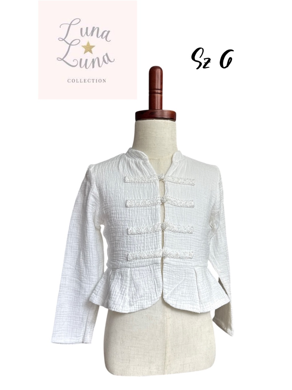 Luna Luna Collection White Cotton Gauze Military Jacket Blazer Sequin Pearl Sz 6